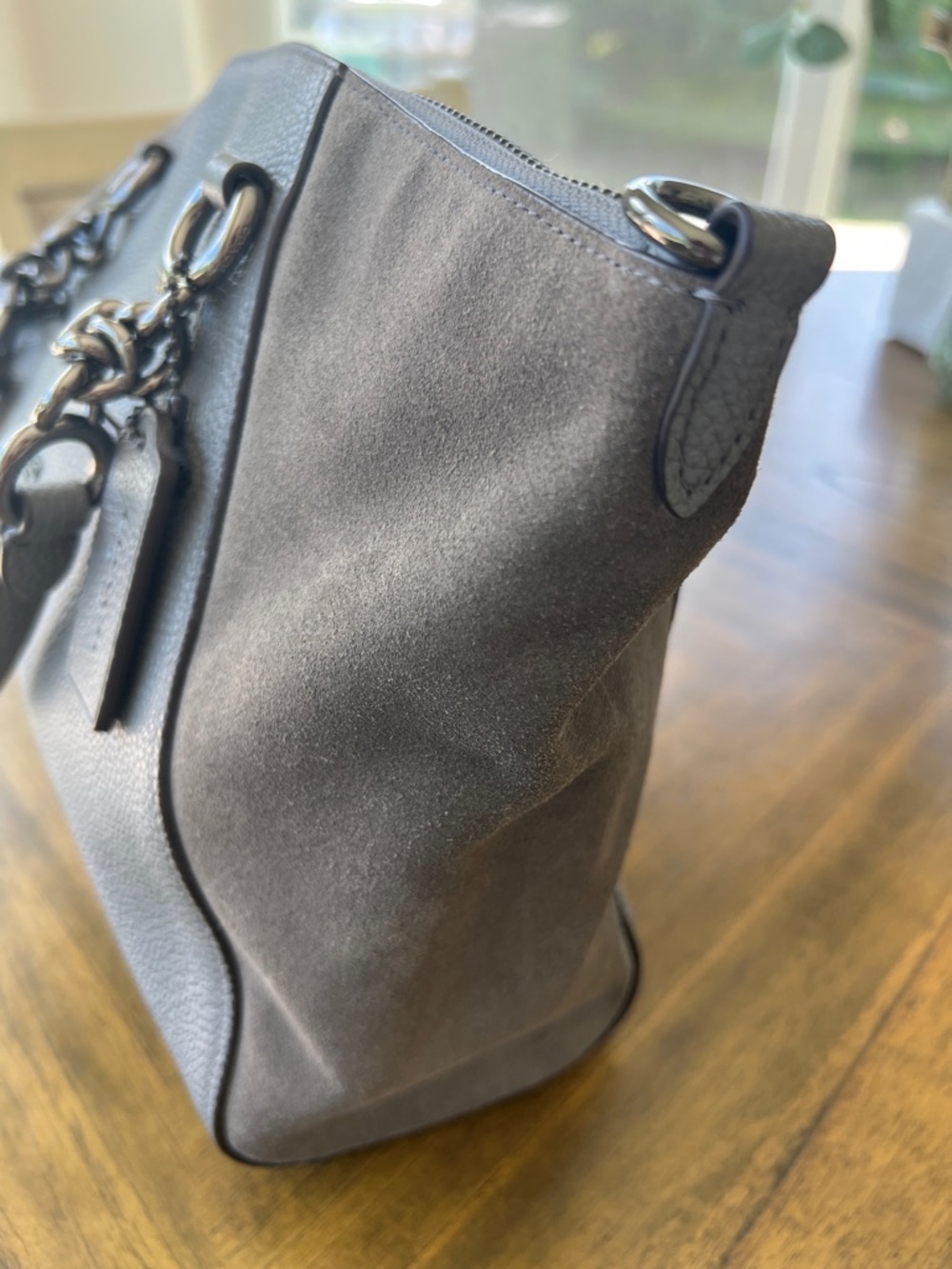 Coach -Gray Pebbled Leather Satchel with Suede and Chain Detail - Picture 14 of 17